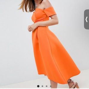 ASOS petite orange off the shoulder dress